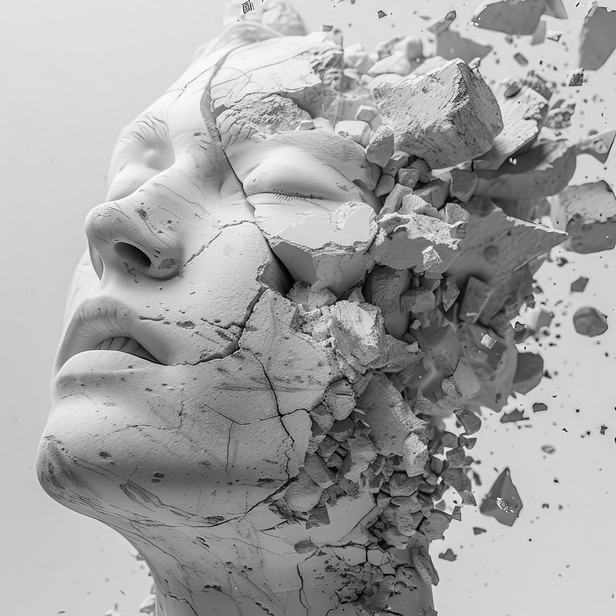 White sculpted face shattering into floating debris