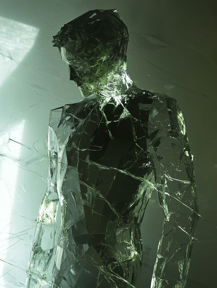Human silhouette made of cracked glass catching light