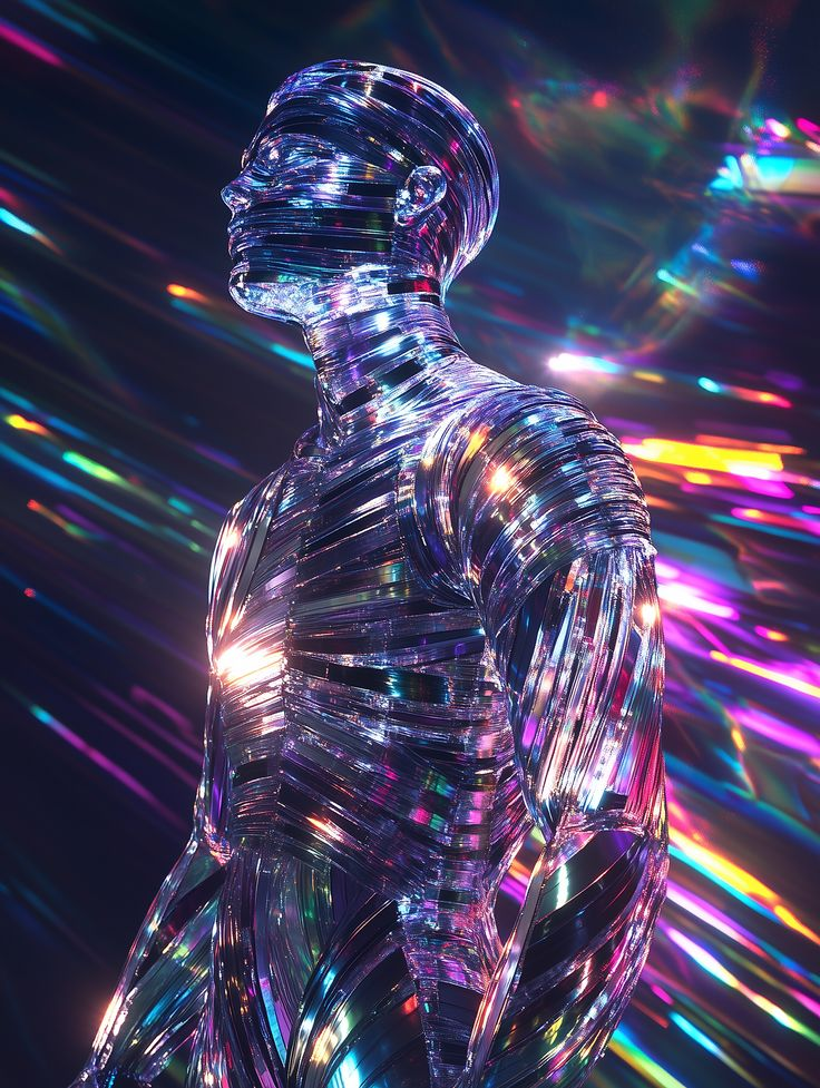Prismatic metallic figure with rainbow light streaks